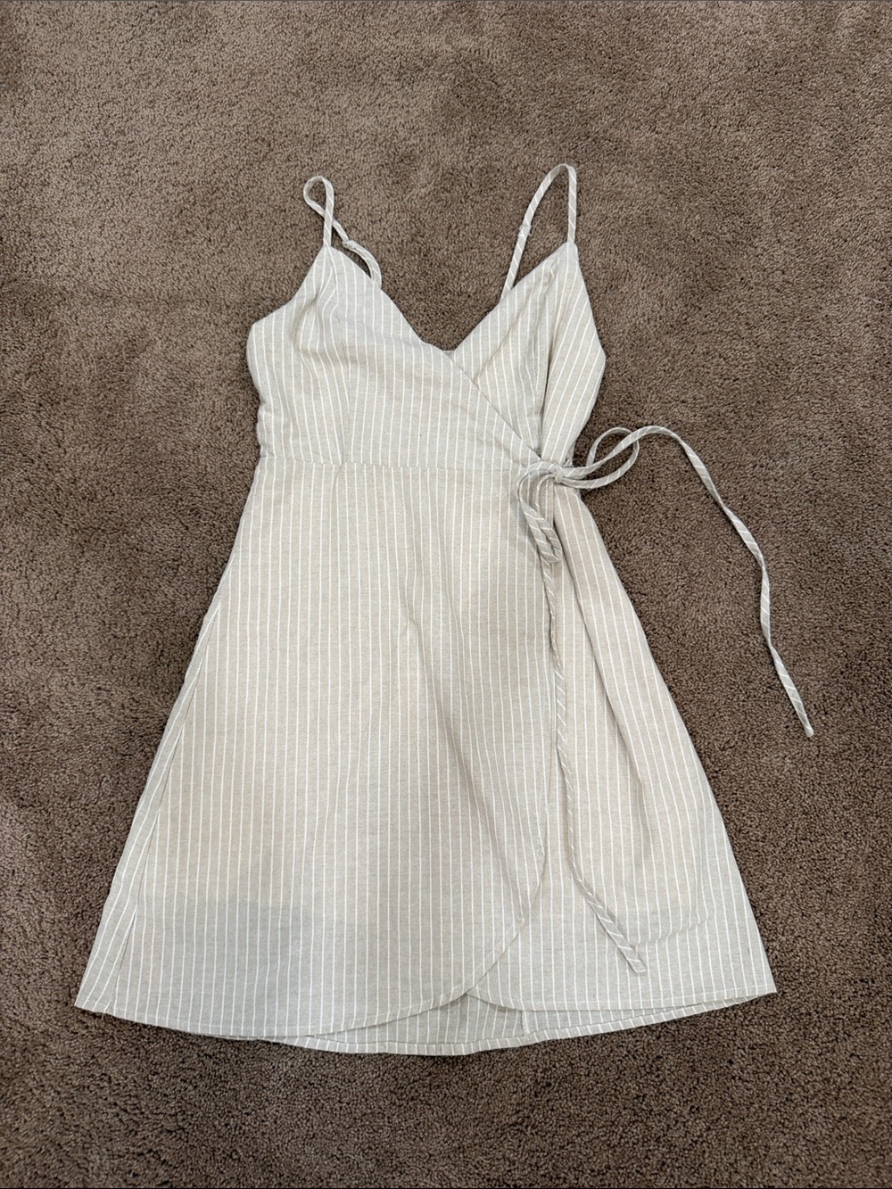 Striped Cream Wrap Mini Dress with Spaghetti Straps